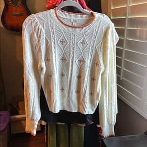 a.n.a White Crew Neck Sweater with Cable Knit Design